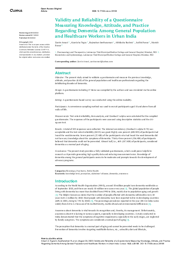 (PDF) Validity and Reliability of a Questionnaire Measuring Knowledge ...