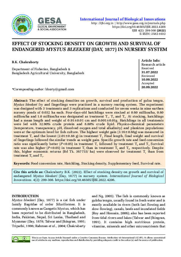(PDF) Effect of stocking density on growth and survival of endangered ...