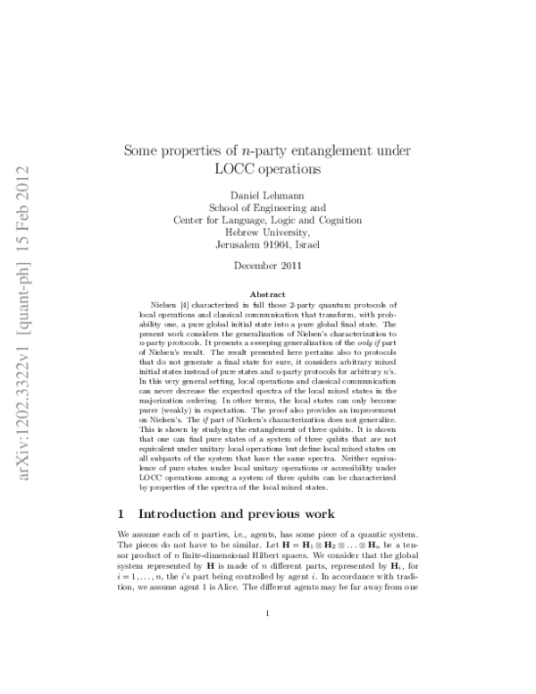 (PDF) Some properties of n-party entanglement under LOCC operations
