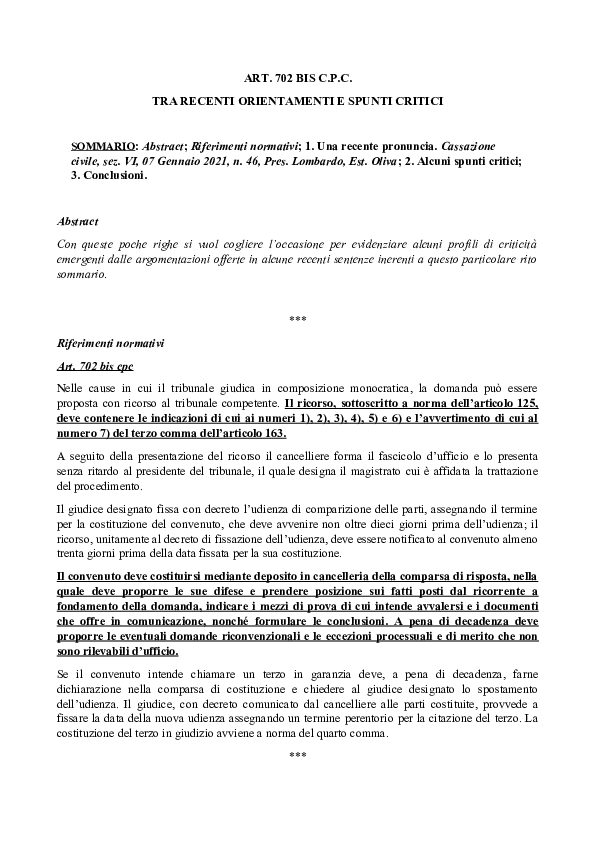(DOC) ART. 702 BIS C.P.C. TRA RECENTI ORIENTAMENTI E SPUNTI CRITICI ...