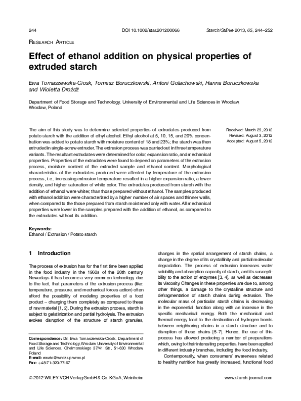 (PDF) Effect of ethanol addition on physical properties of extruded starch