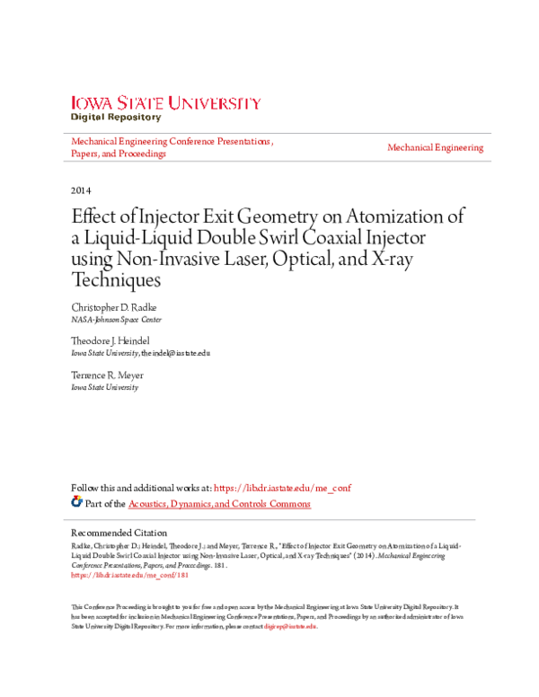 (PDF) Effect of Injector Exit Geometry on Atomization of a Liquid ...