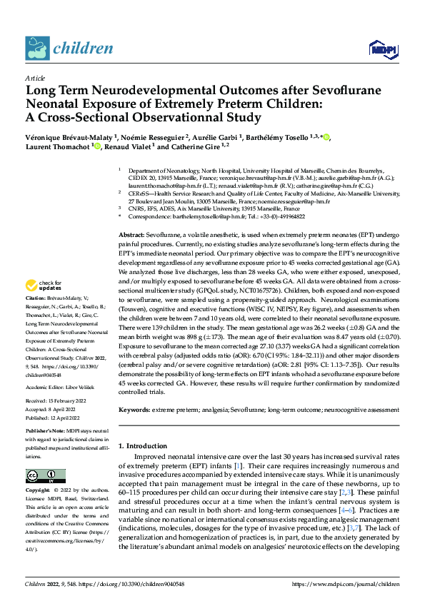 (PDF) Long Term Neurodevelopmental Outcomes after Sevoflurane Neonatal ...