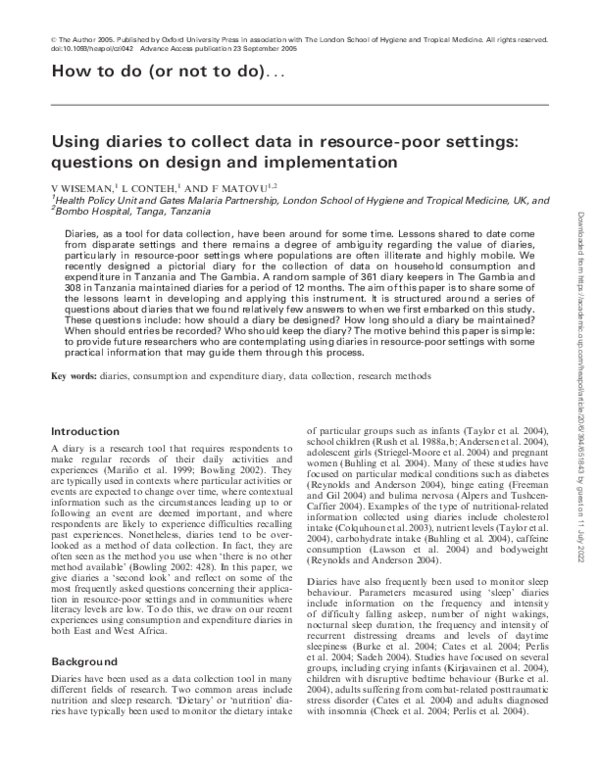 (PDF) Using diaries to collect data in resource-poor settings ...