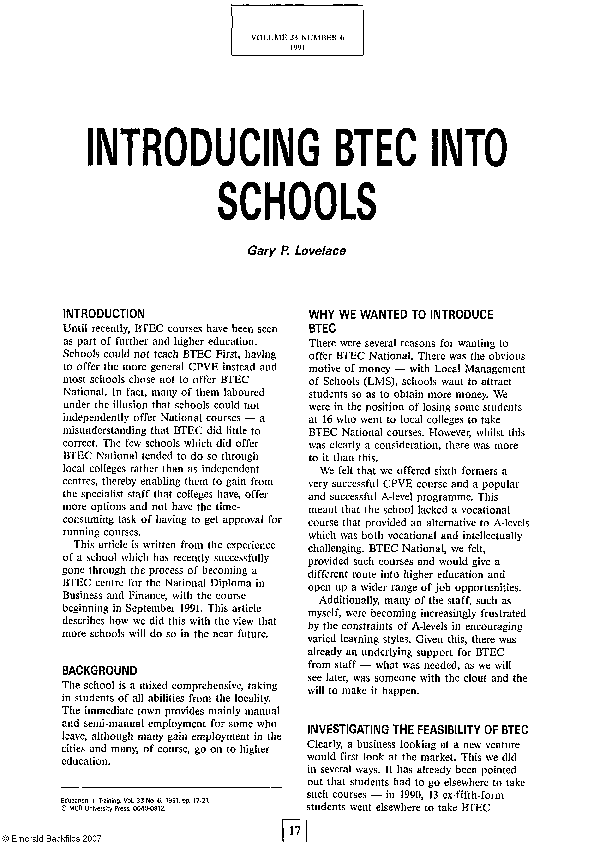 (PDF) Introducing BTEC into Schools