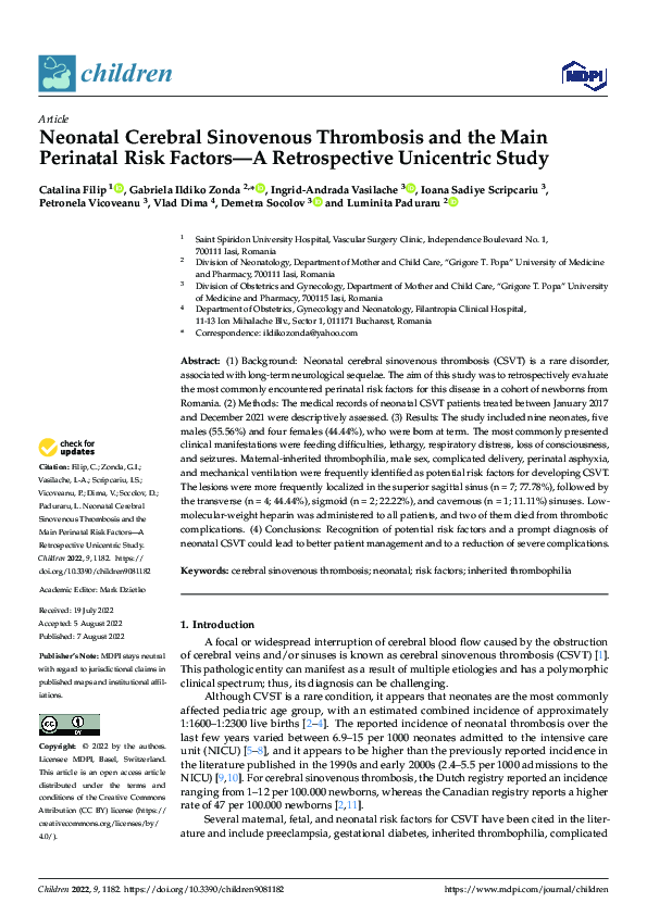 (PDF) Neonatal Cerebral Sinovenous Thrombosis and the Main Perinatal ...