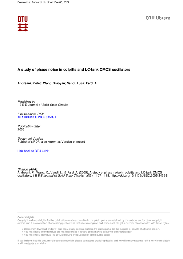 (PDF) A study of phase noise in colpitts and LC-tank CMOS oscillators