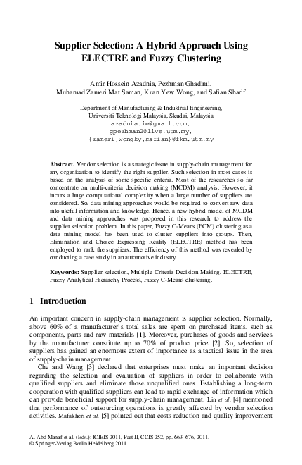 (PDF) Supplier Selection: A Hybrid Approach Using ELECTRE and Fuzzy ...