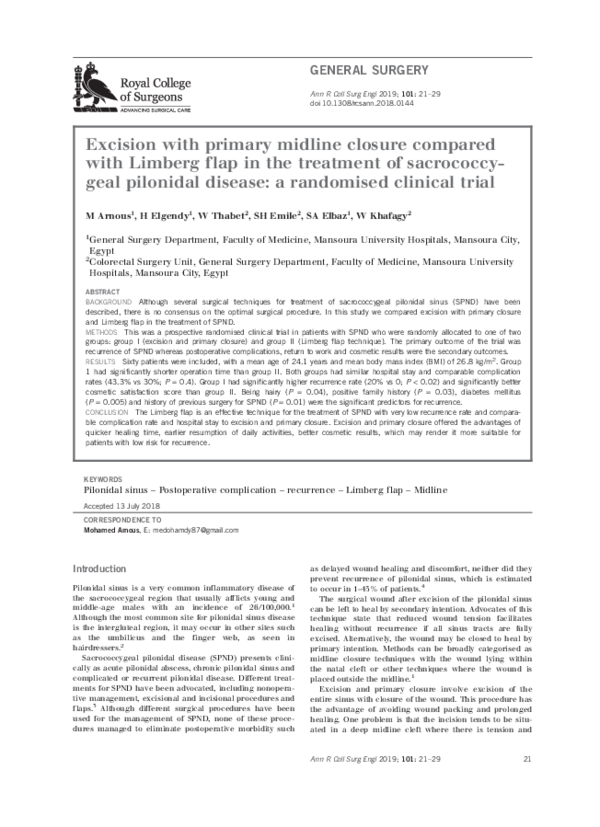 (PDF) Excision with primary midline closure compared with Limberg flap ...