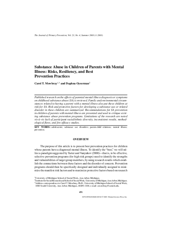 (PDF) Substance Abuse in Children of Parents with Mental Illness: Risks ...