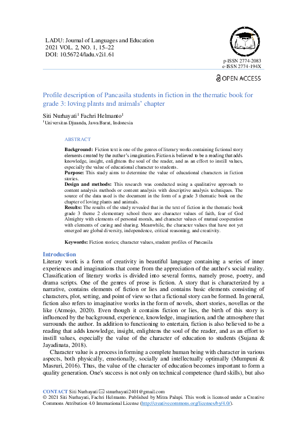 (PDF) Profile description of Pancasila students in fiction in the ...