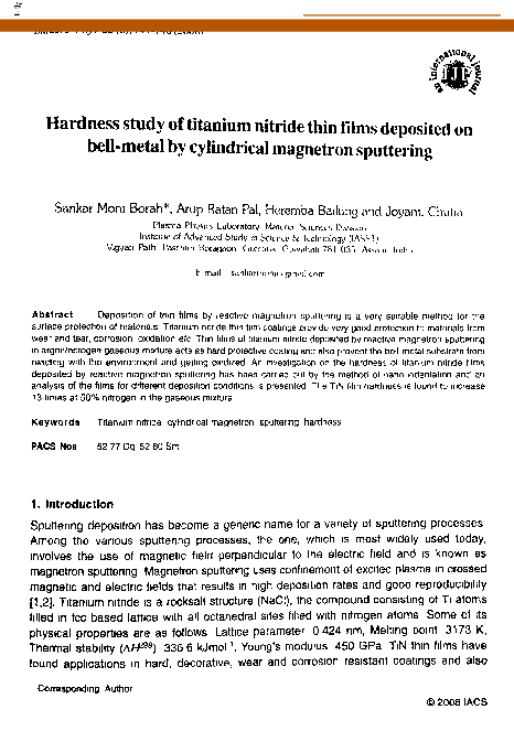 (PDF) Hardness study of titanium nitride thin films deposited on bell ...