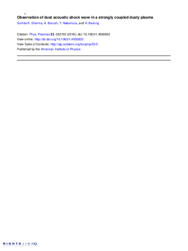 (PDF) Observation of dust acoustic shock wave in a strongly coupled ...