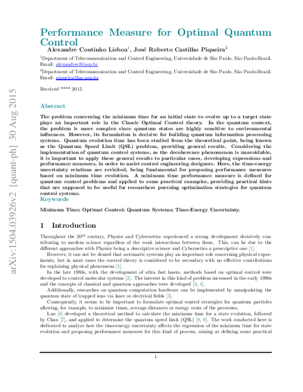 (PDF) Performance Measure for Optimal Quantum Control