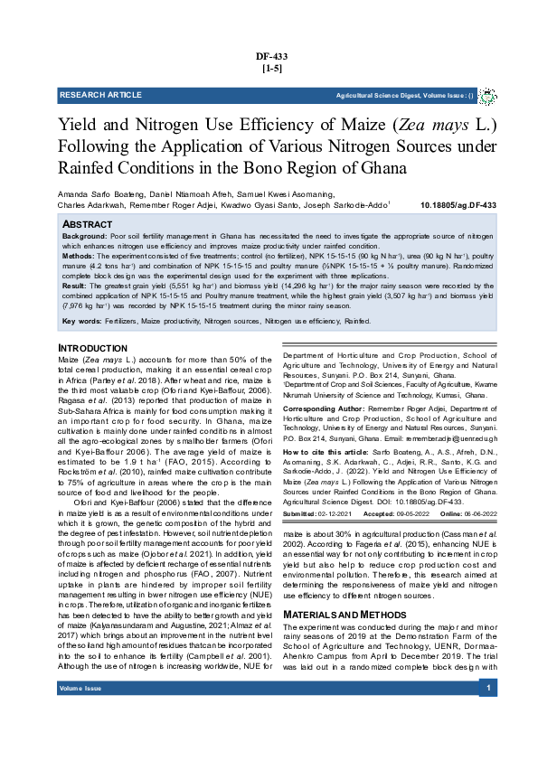 (PDF) Yield and Nitrogen Use Efficiency of Maize (Zea mays L ...