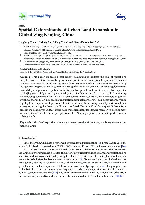 Spatial Determinants of Urban Land Expansion in Globalizing Nanjing, China