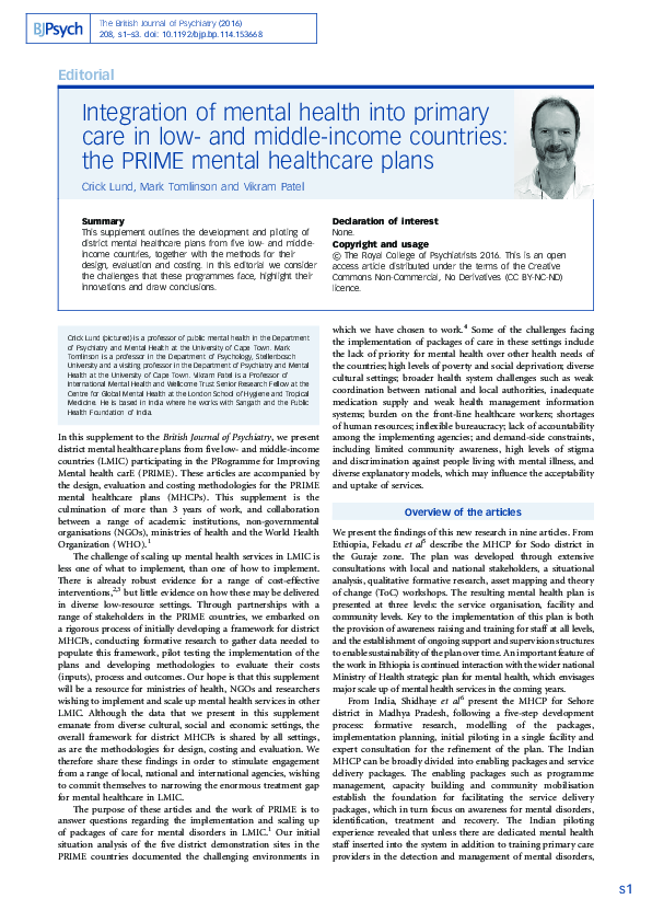 (PDF) Integration of mental health into primary care in low- and middle ...