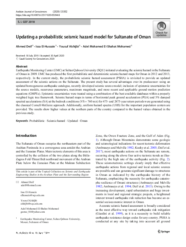 (PDF) Updating a probabilistic seismic hazard model for Sultanate of Oman