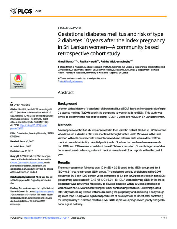 (PDF) Gestational diabetes mellitus and risk of type 2 diabetes 10 ...