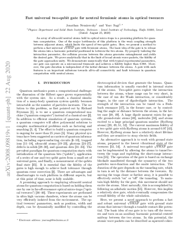 (PDF) Fast universal two-qubit gate for neutral fermionic atoms in ...
