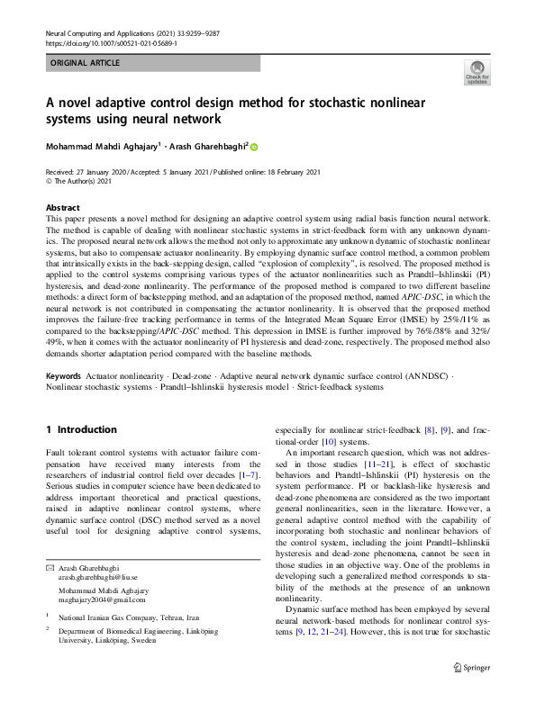 (PDF) A novel adaptive control design method for stochastic nonlinear ...