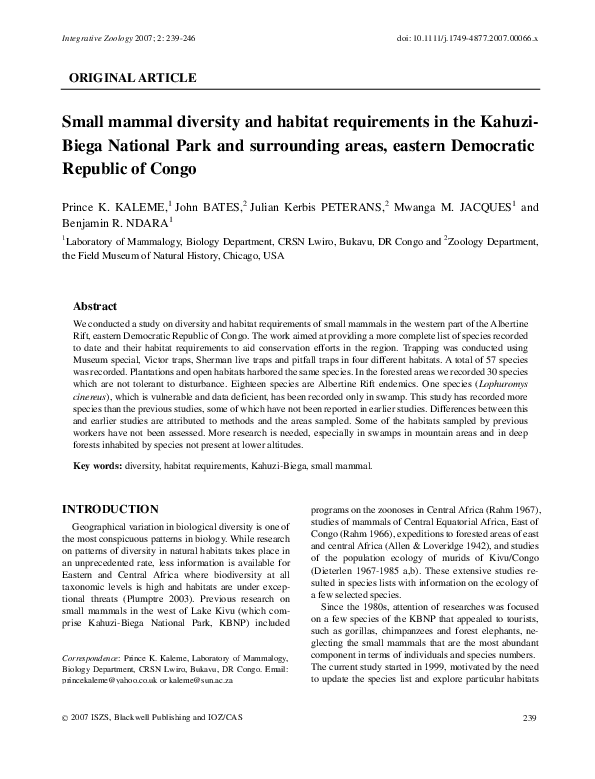 (PDF) Small mammal diversity and habitat requirements in the Kahuzi ...
