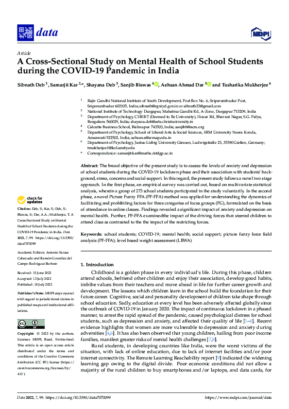 (PDF) A CrossSectional Study on Mental Health of School Students