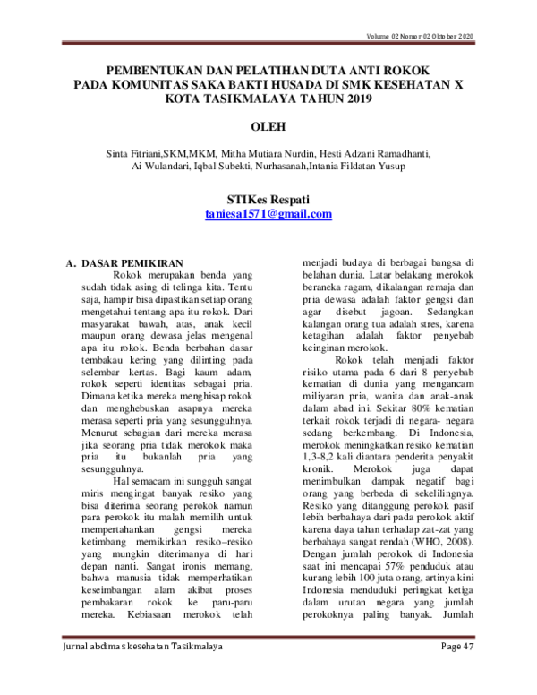 (PDF) Pembentukan Dan Pelatihan Duta Anti Rokok Pada Komunitas Saka ...