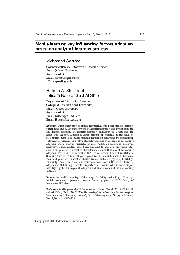 (PDF) Mobile learning key influencing factors adoption based on ...