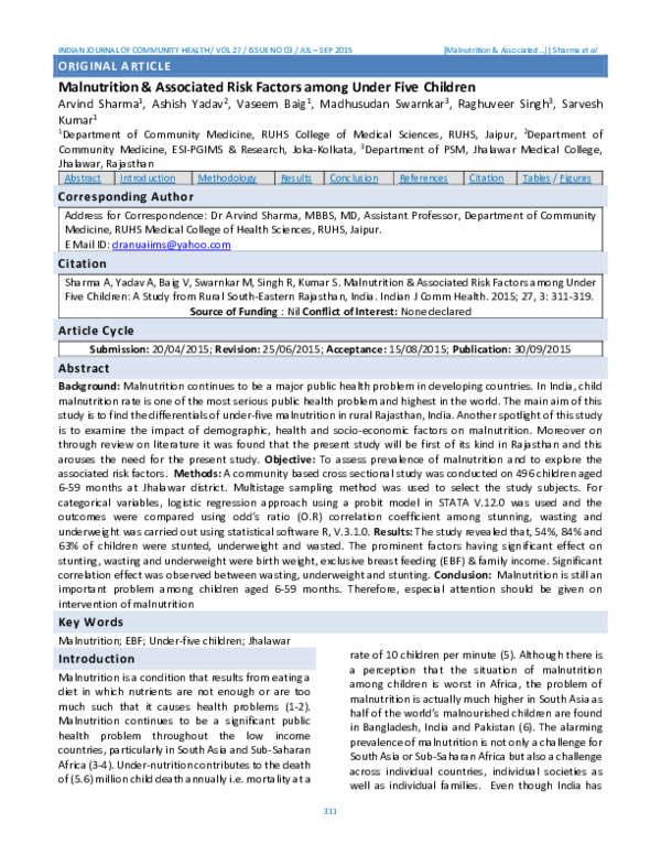 (PDF) Malnutrition & Associated Risk Factors among Under Five Children