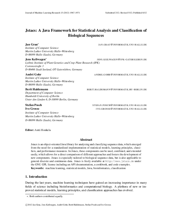 (PDF) Jstacs: A Java Framework for Statistical Analysis and ...