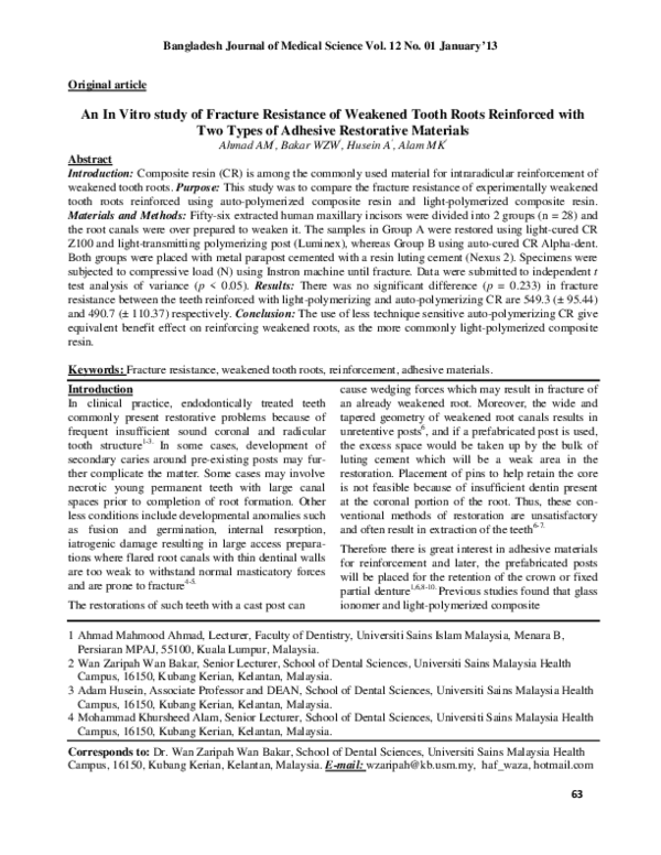 (PDF) An In Vitro study of Fracture Resistance of Weakened Tooth Roots ...