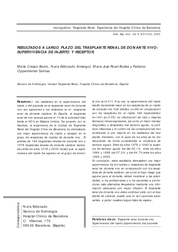 Resultados a largo plazo del trasplante renal de donante vivo: supervivencia de injerto y receptor