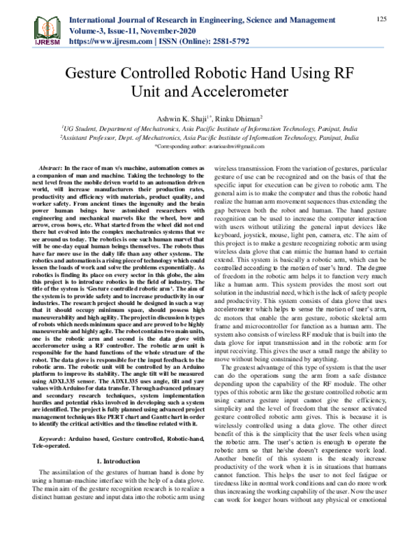 (PDF) Gesture Controlled Robotic Hand Using RF Unit and Accelerometer