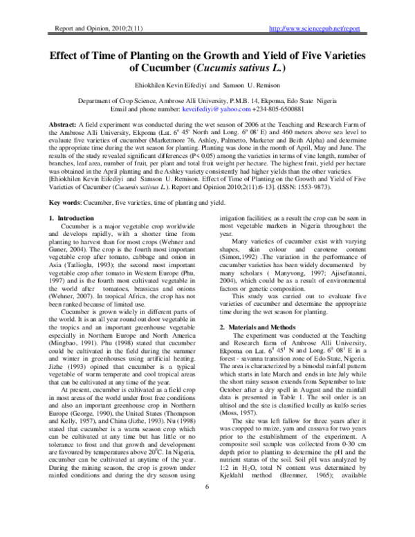 (PDF) Effect of Time of Planting on the Growth and Yield of Five ...