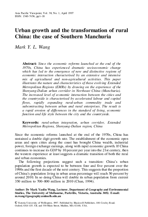 (PDF) Urban growth and the transformation of rural China: the case of ...