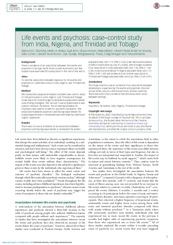 (PDF) Life events and psychosis: case–control study from India, Nigeria ...