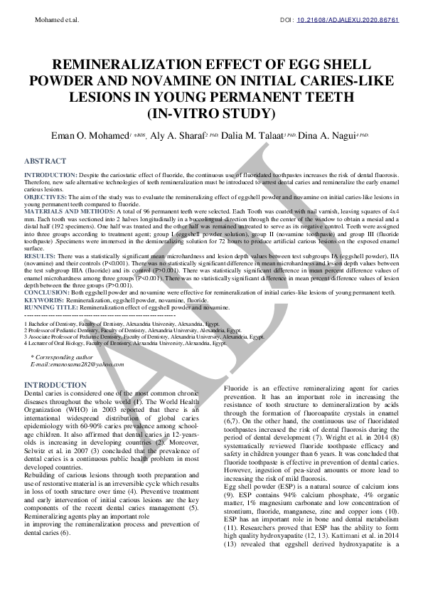 (PDF) Remineralization Effect of Egg Shell Powder and Novamine on
