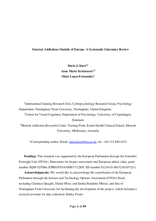 (PDF) Internet addictions outside of Europe: A systematic literature review