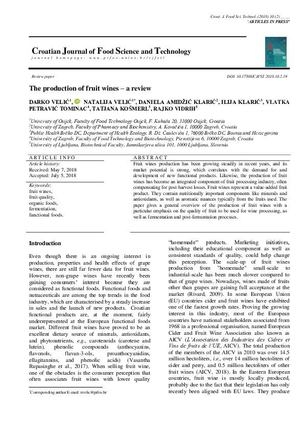 (PDF) The production of fruit wines a review Tatjana Košmerl