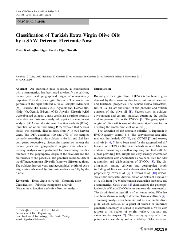 (PDF) Classification of Turkish Extra Virgin Olive Oils by a SAW ...