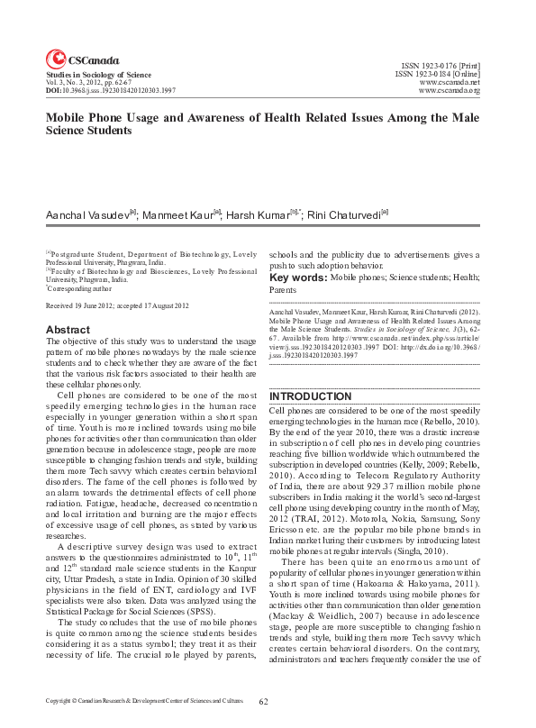(PDF) Mobile Phone Usage and Awareness of Health Related Issues Among ...