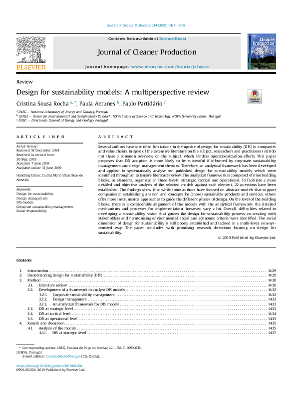 (PDF) Design for sustainability models: A multiperspective review