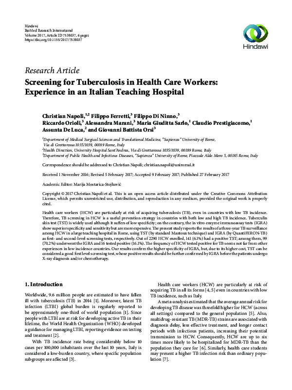 (PDF) Screening for Tuberculosis in Health Care Workers: Experience in ...
