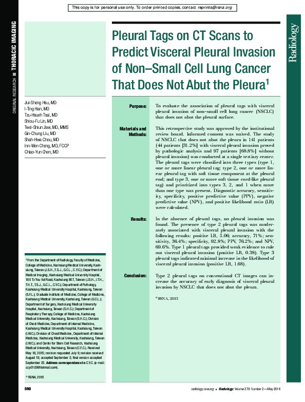 (PDF) Pleural Tags on CT Scans to Predict Visceral Pleural Invasion of