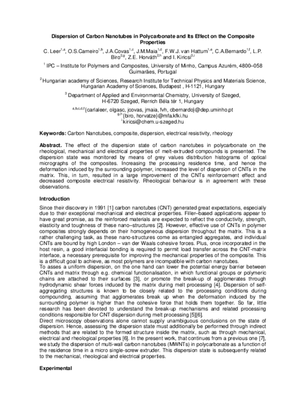 (PDF) Dispersion of Carbon Nanotubes in Polycarbonate and Its Effect on ...