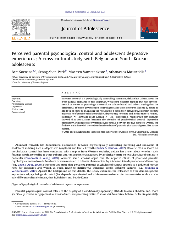 (PDF) Perceived parental psychological control and adolescent ...
