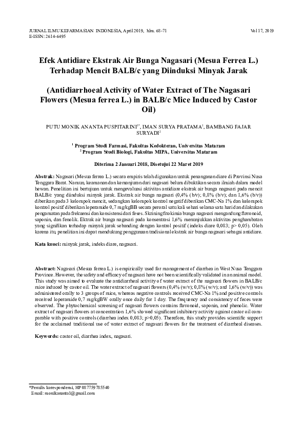 (PDF) Efek Antidiare Ekstrak Air Bunga Nagasari (Mesua Ferrea L ...