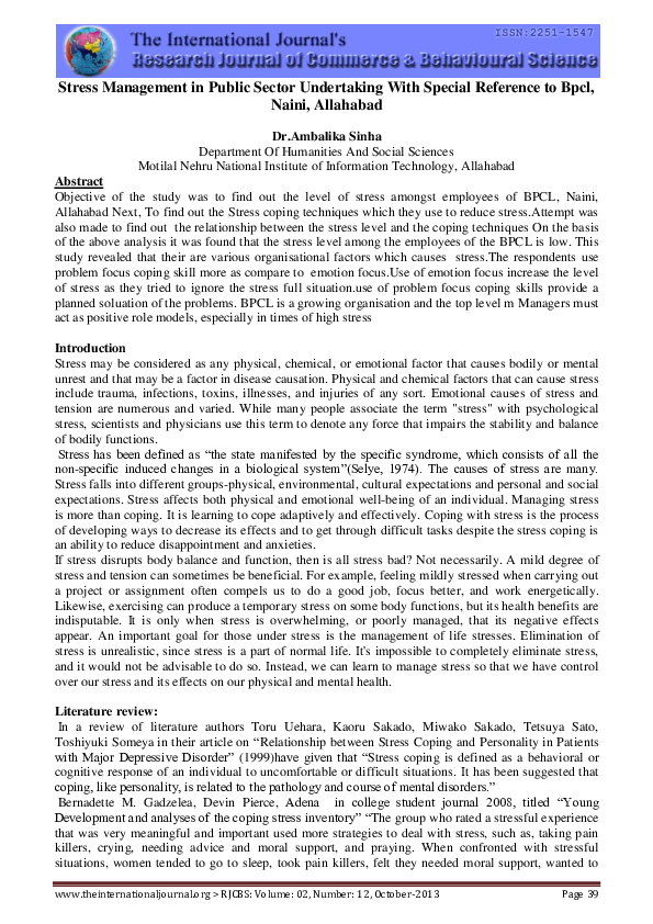 (PDF) Stress Management in Public Sector Undertaking with Special ...