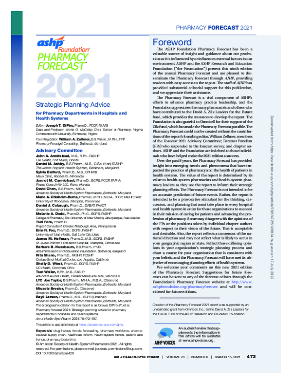 (PDF) ASHP Foundation Pharmacy Forecast 2021: Strategic Planning Advice ...